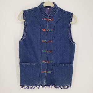 Vintage 90s Denim Vest M Womens Upcycle Fringe Hem Medium Wash Blue Jean